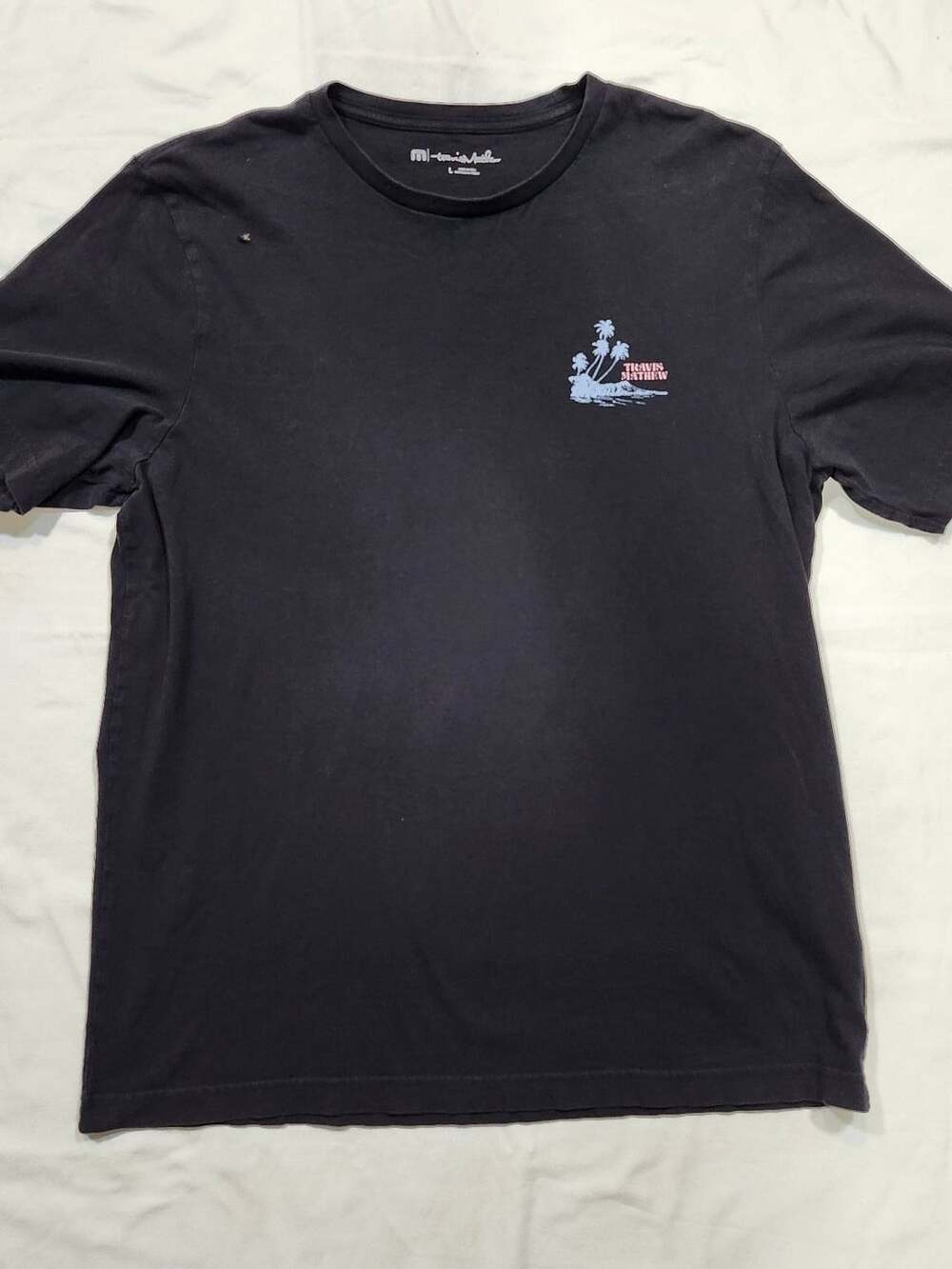 TravisMathew Graphic T-Shirt Size L Black Palm Tree Chest Logo